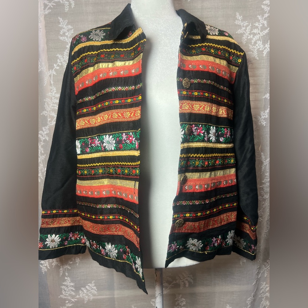 Tantrums Embroidered Boho Open Jacket Black Floral Size S